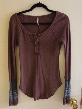 *BUNDLE DUO*Free People Mauve Waffle-Knit Long Sleeve Henley with Contrast Cuffs